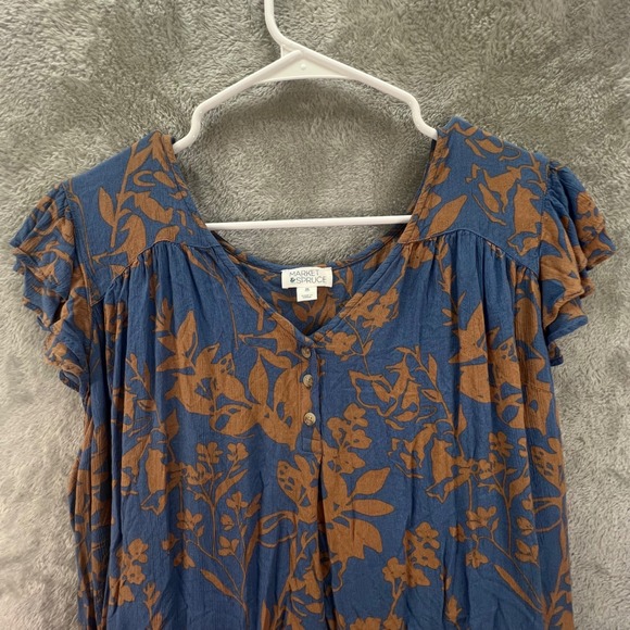 Market & Spruce Tops - Market & Spruce Blue Brown Floral Flutter Sleeve 2X Boho Cottagecore Peasant
